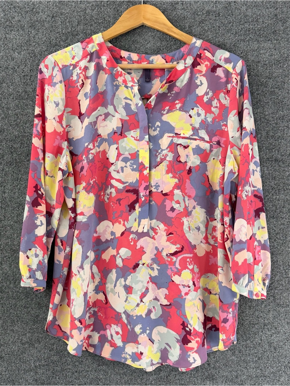 NYDJ Womens Watercolor Floral Popover Top Size Large 3/4 Sleeve Office Career